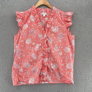 J Crew Top Womens Small Pink Floral Ruffle Front Button Up Flutter Sleeve Blouse
